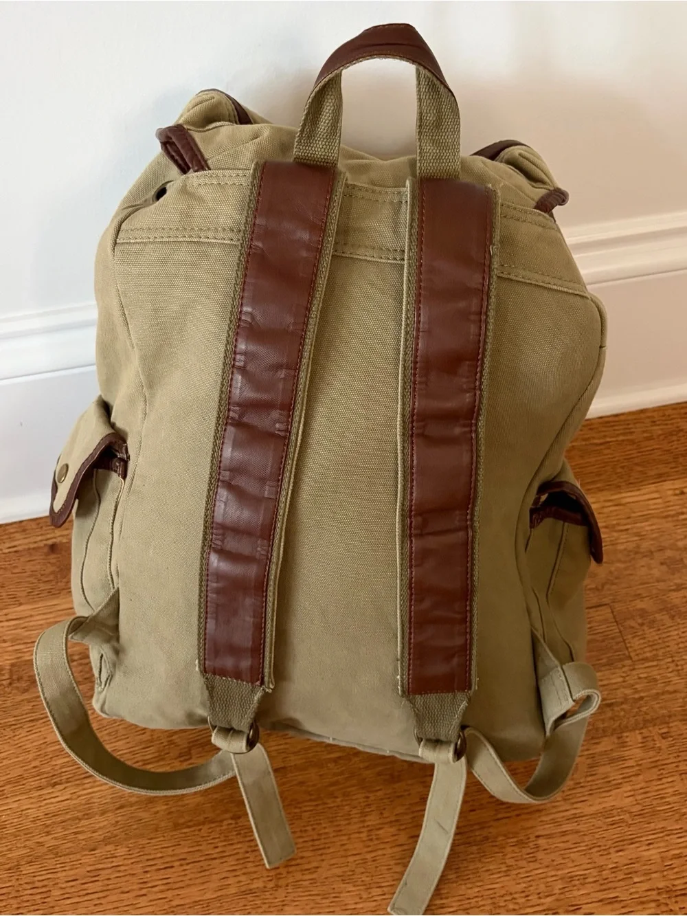 Serbags Washed Vintage-Looking Fashion Canvas Backpack Bag Leather Trim Beige